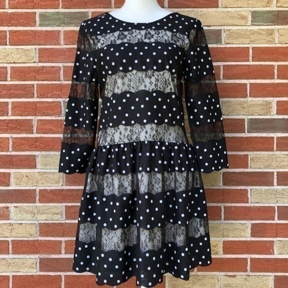 🖤 NWT Anthropologie 02Sky Lace Polka Dot Ruched Black White 3/4 Sleeve Dress - Picture 1 of 14